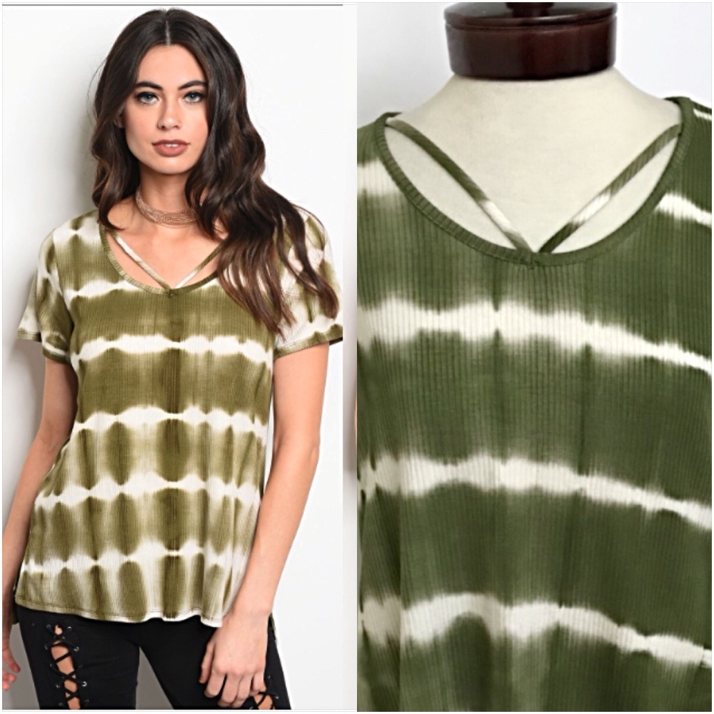 Olive Tie Dye Ribbed Strappy Tee Top SML